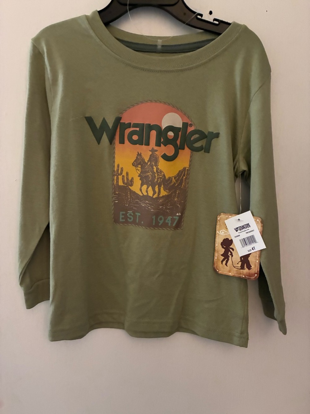 Wrangler Olive Green Long-Sleeve Tee with Sunset Rider Graphic